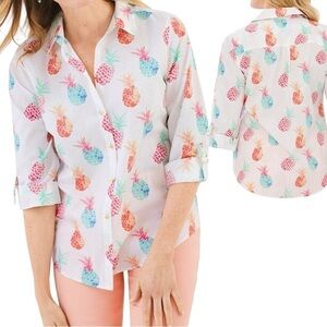 Chico's White Button Up Blouse Sz (3) XL Colorful Pine Apple Print Tab Sleeve